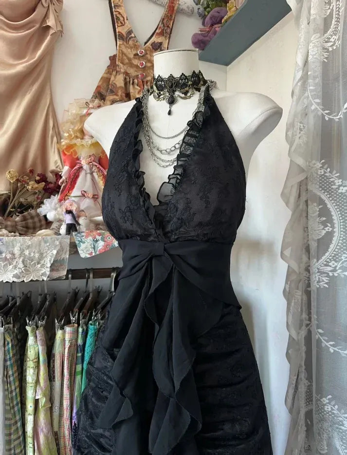 Vintage Black Lace Maxi Dress – Ruffle Trim Halter Gown with Bow Accent & Sheer Overlay