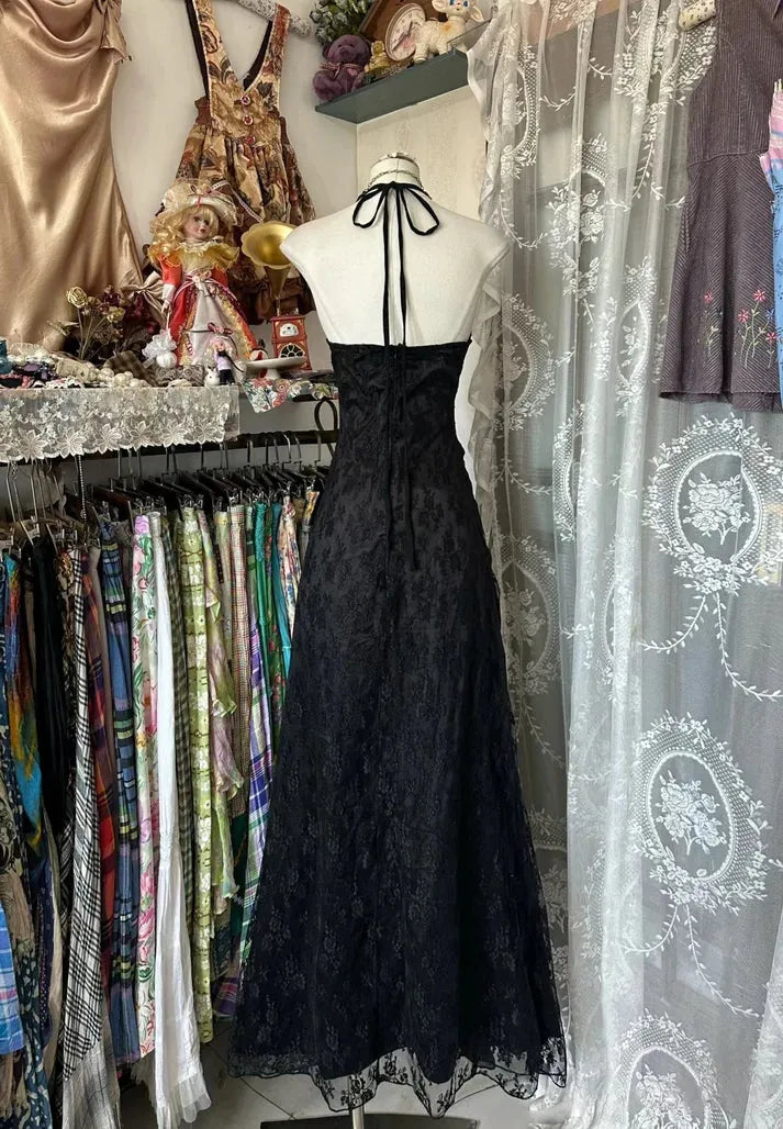 Vintage Black Lace Maxi Dress – Ruffle Trim Halter Gown with Bow Accent & Sheer Overlay