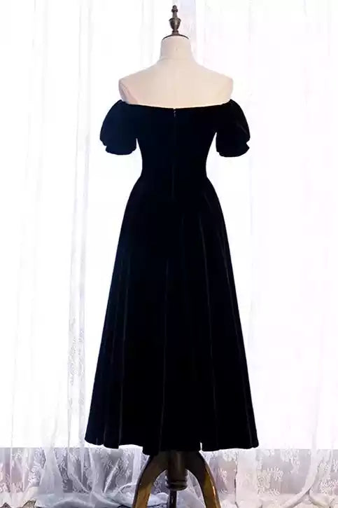 Vintage Black Velvet Gown with Off-the-Shoulder Neckline & Puff Sleeves