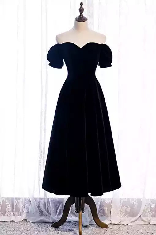 Vintage Black Velvet Gown with Off-the-Shoulder Neckline & Puff Sleeves