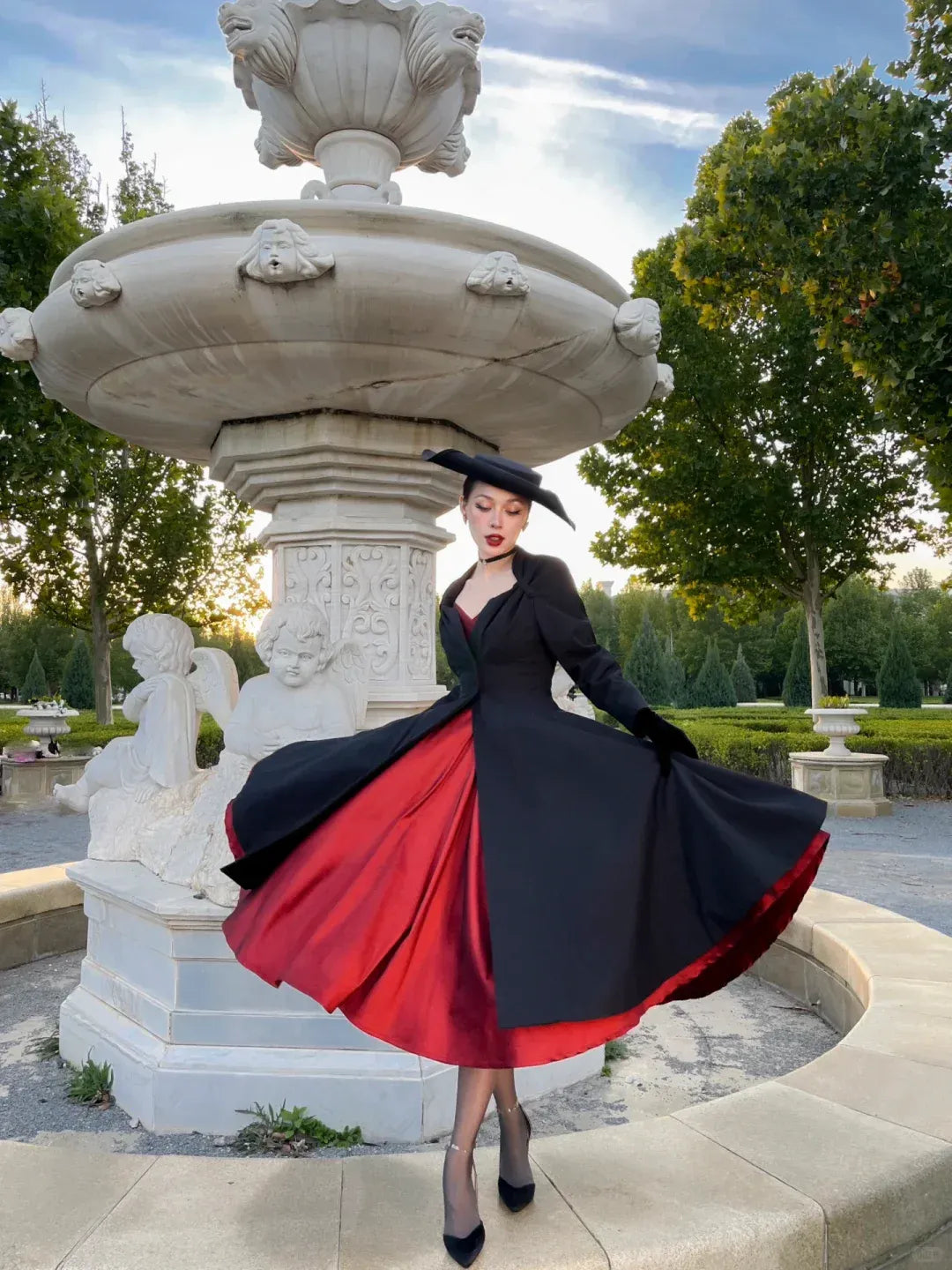 Vintage Red Black Off-the-Shoulder Backless Swing Dress – Retro Evening Party Gown