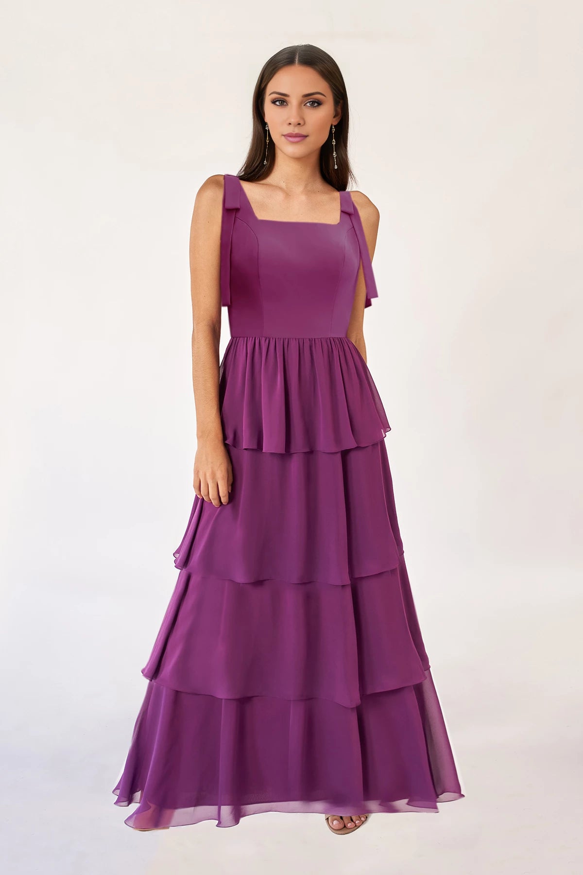 Vintage Square Neck Sleeveless Back Zip Floor-Length flounce Bridesmaid Dress