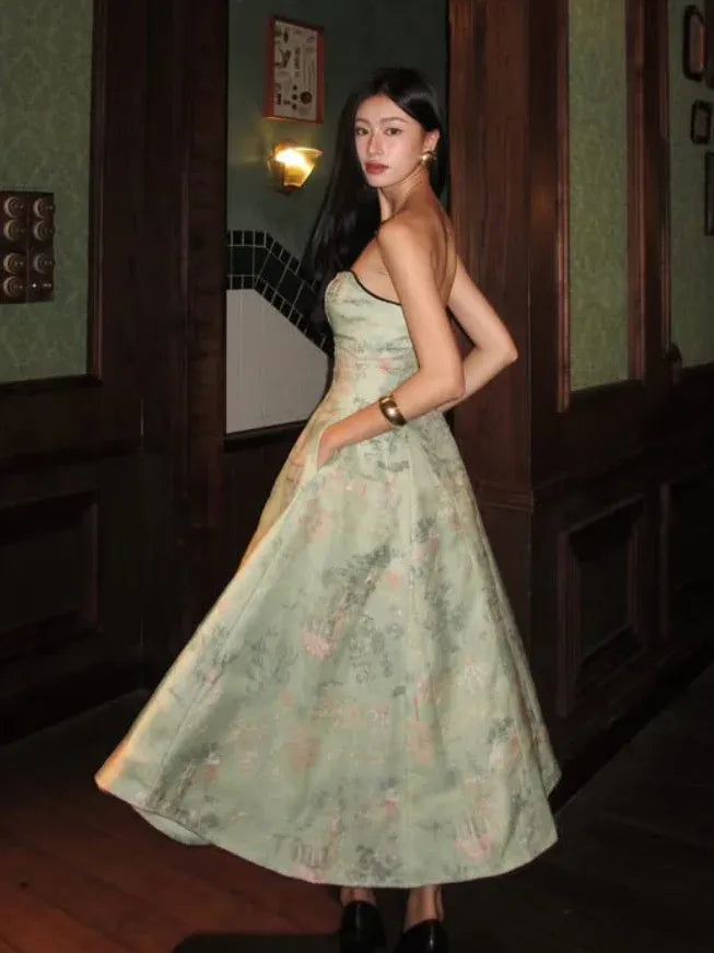 Vintage Strapless Bow Floral Jacquard Sage Green Midi Dresses