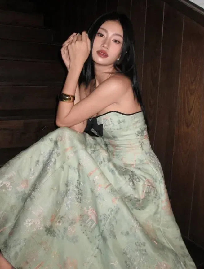 Vintage Strapless Bow Floral Jacquard Sage Green Midi Dresses
