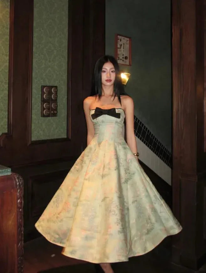 Vintage Strapless Bow Floral Jacquard Sage Green Midi Dresses
