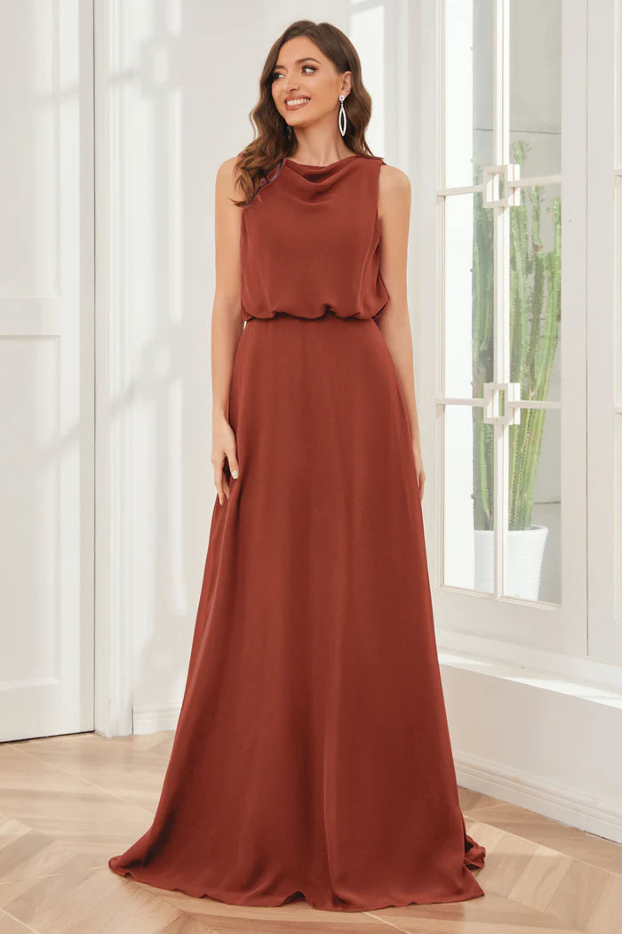 Warm A-Line Cowl-Neck Sleeveless Open-Back Terracotta Chiffon Floor-Length Bridesmaid Dresses