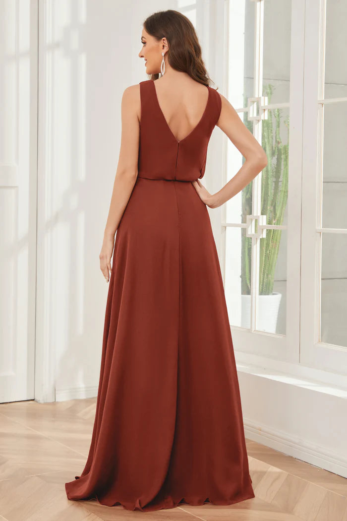 Warm A-Line Cowl-Neck Sleeveless Open-Back Terracotta Chiffon Floor-Length Bridesmaid Dresses