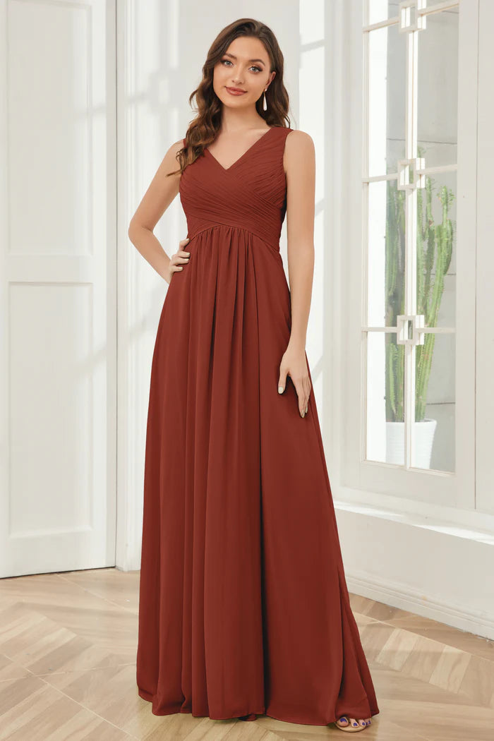 Warm A-Line Deep V-Neck Sleeveless Open-Back Terracotta Chiffon Floor-Length Bridesmaid Dresses