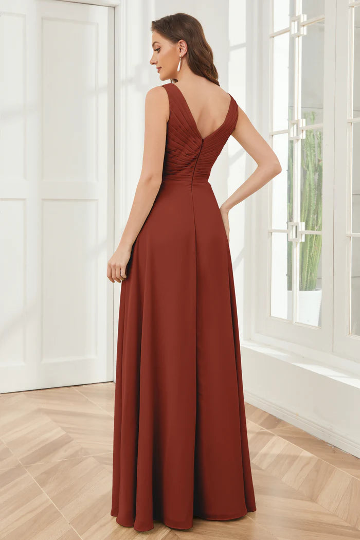 Warm A-Line Deep V-Neck Sleeveless Open-Back Terracotta Chiffon Floor-Length Bridesmaid Dresses