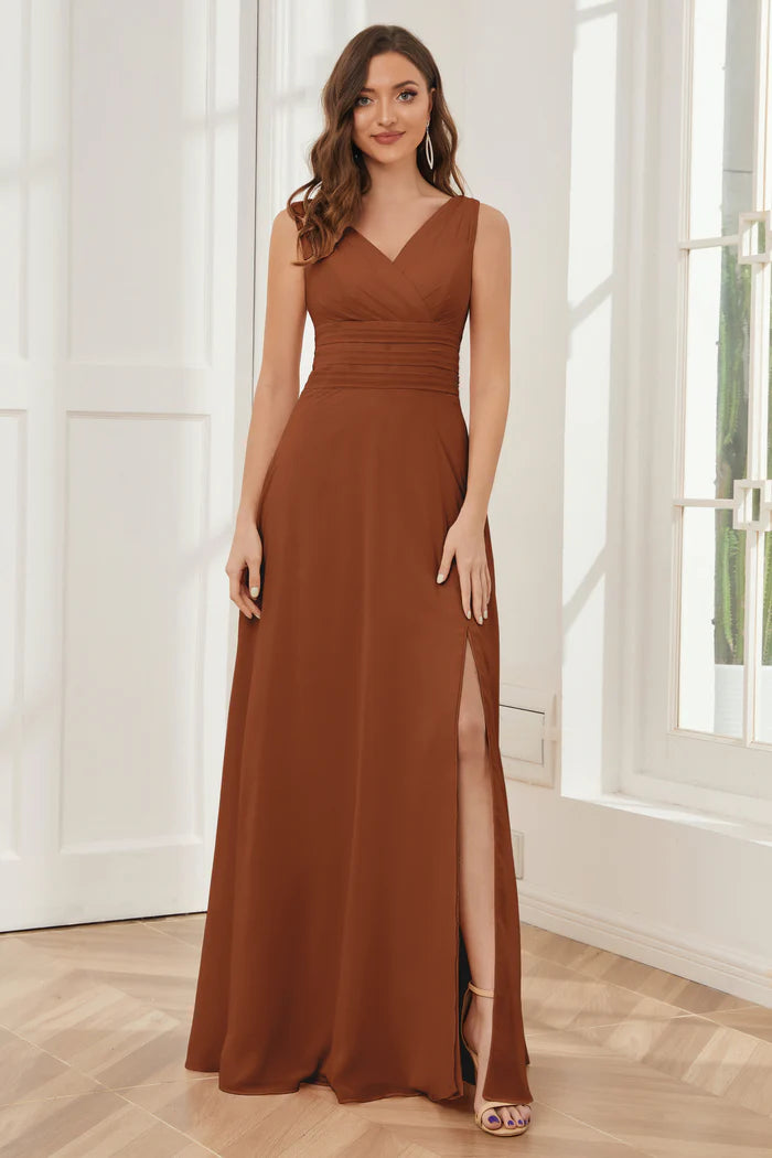 Warm A-Line Deep V-Neck Sleeveless Tie-Back Rust Chiffon Floor-Length Bridesmaid Dresses