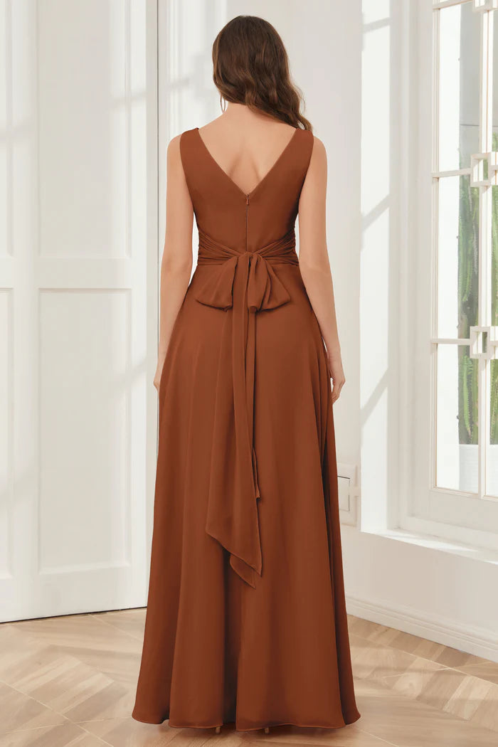 Warm A-Line Deep V-Neck Sleeveless Tie-Back Rust Chiffon Floor-Length Bridesmaid Dresses