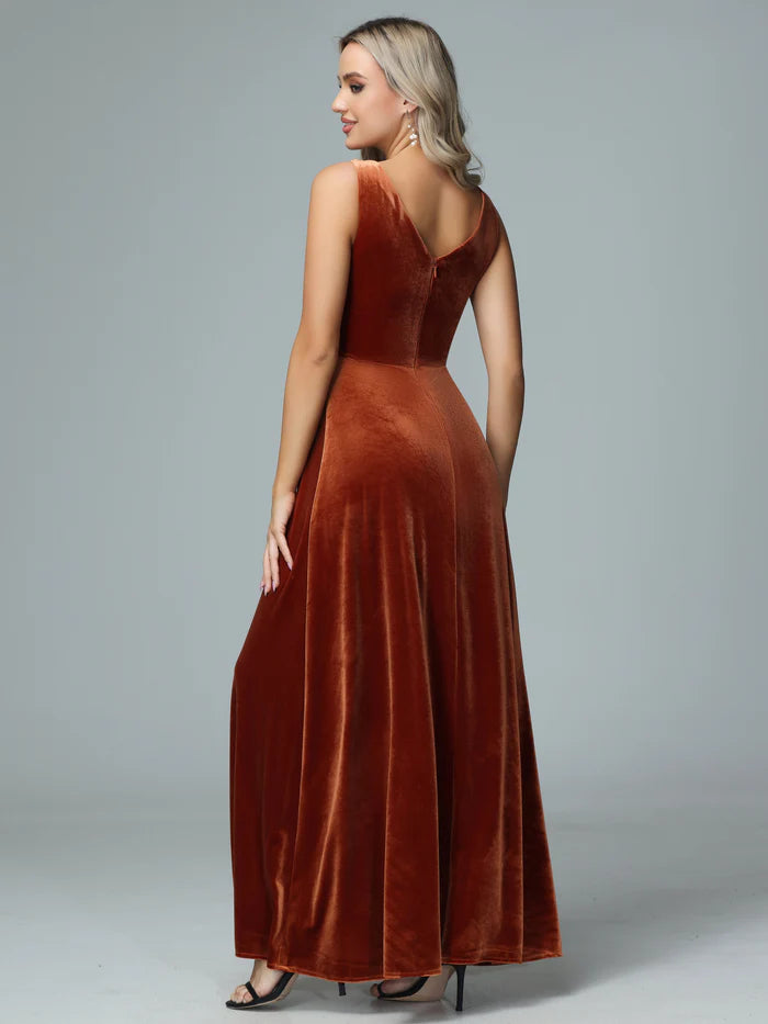 Warm A-Line Deep-V Sleeveless V-Back Velvet Floor-Length Bridesmaid Dresses