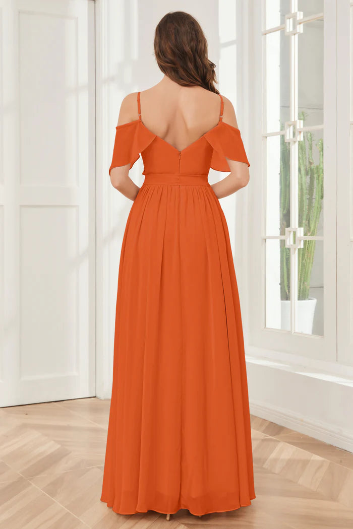 Warm A-Line Sweetheart Cold-Shoulder Ruffle Open-Back Terracotta Chiffon Floor-Length Bridesmaid Dresses