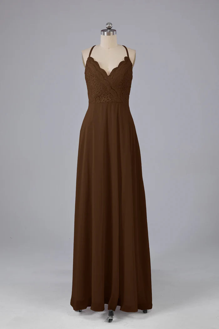 Warm A-Line V-Neck Lace Spaghetti-Strap Cross-Back Floor-Length Bridesmaid Dresses