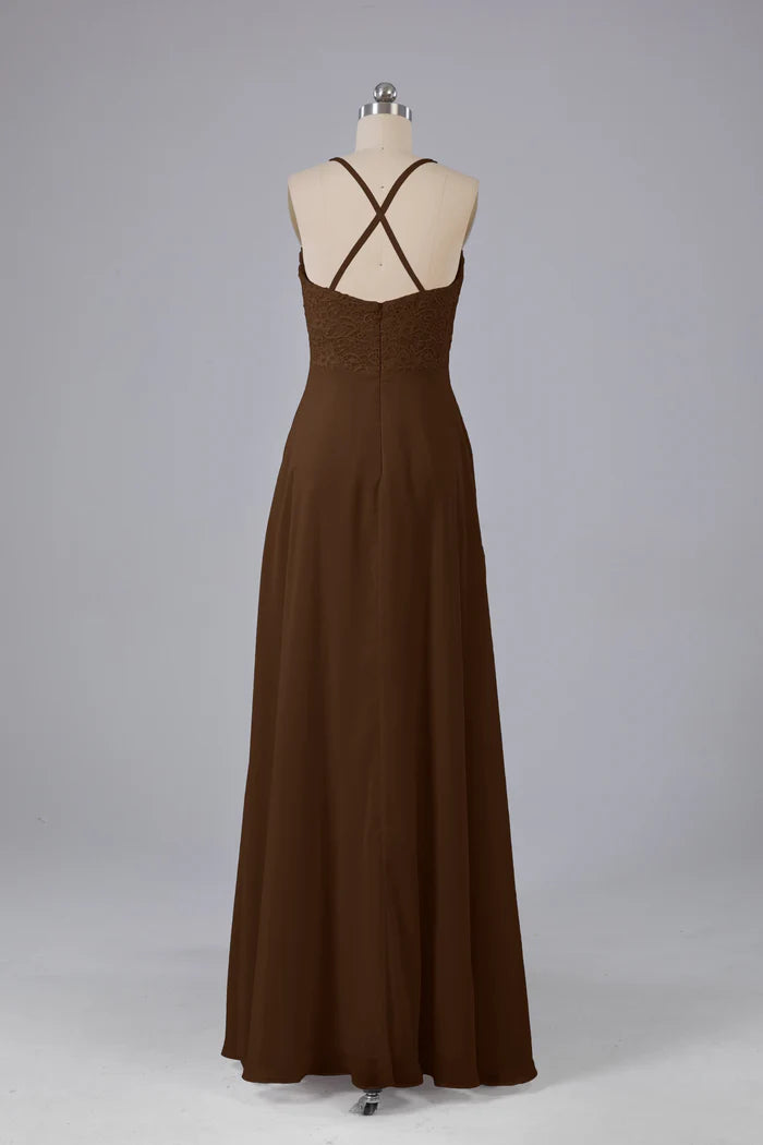 Warm A-Line V-Neck Lace Spaghetti-Strap Cross-Back Floor-Length Bridesmaid Dresses