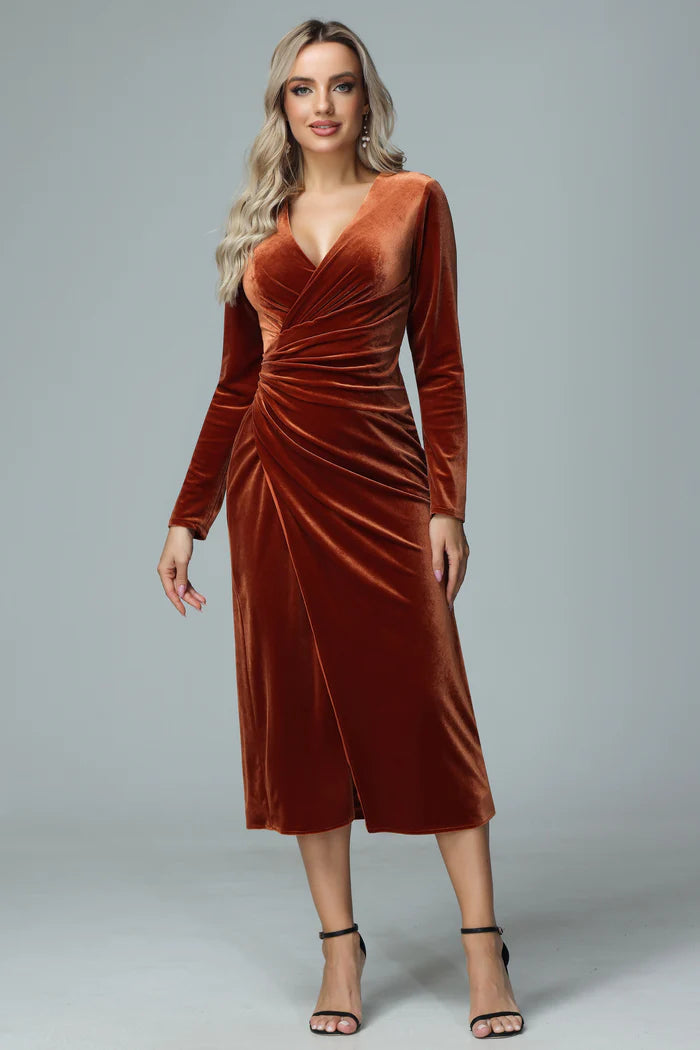 Warm Sheath Deep-V Long-Sleeve Zipper-Back Velvet Midi-Length Bridesmaid Dresses