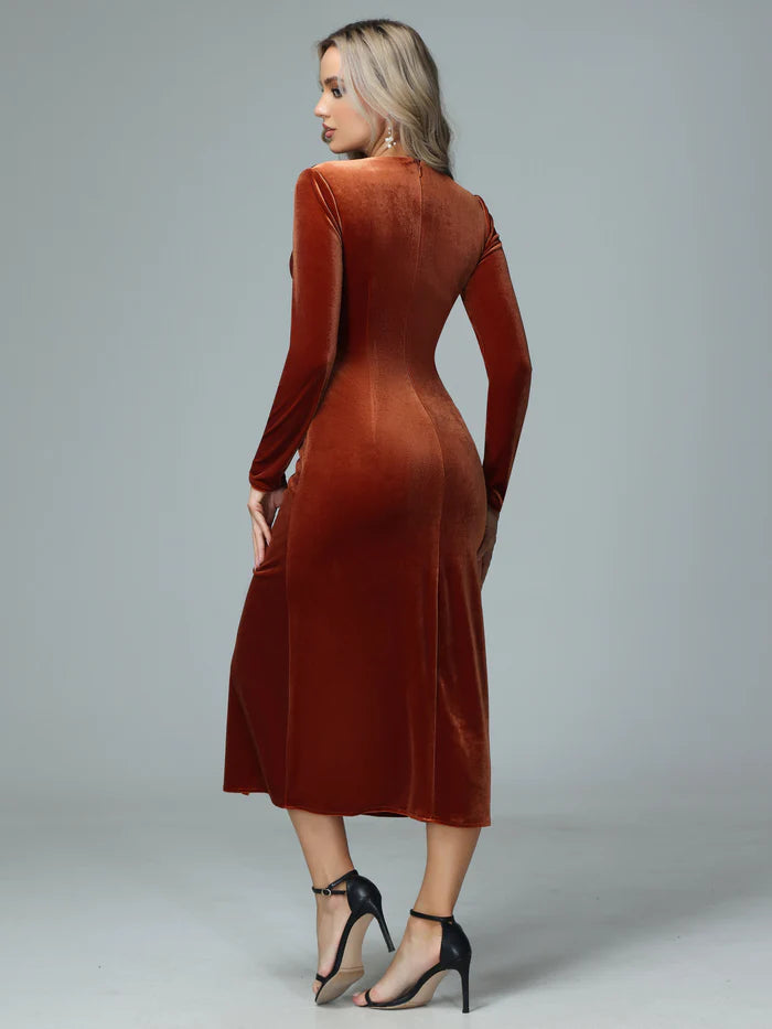 Warm Sheath Deep-V Long-Sleeve Zipper-Back Velvet Midi-Length Bridesmaid Dresses