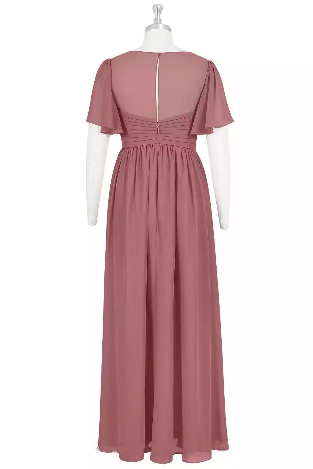 Warm Dusty Rose Chiffon Gown with Flutter Sleeves & V-Neck Bodice