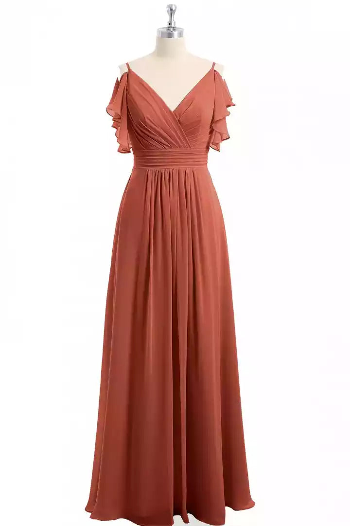 Warm Terracotta Chiffon Gown with Cold-Shoulder Flutter Sleeves & V-Back