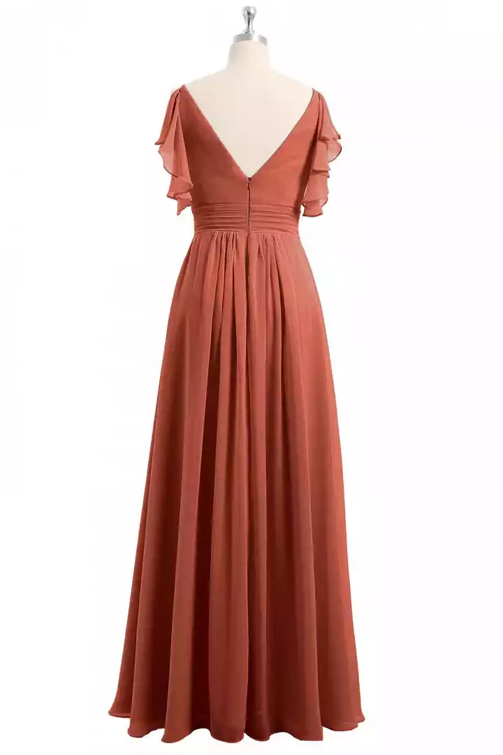 Warm Terracotta Chiffon Gown with Cold-Shoulder Ruffle Sleeves & Deep V-Back