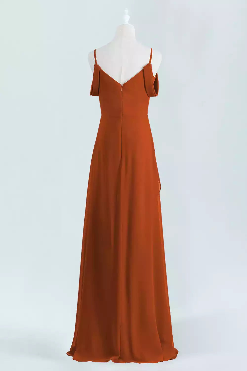 Warm Terracotta Chiffon Gown with Cold-Shoulder Straps & Asymmetrical Hem