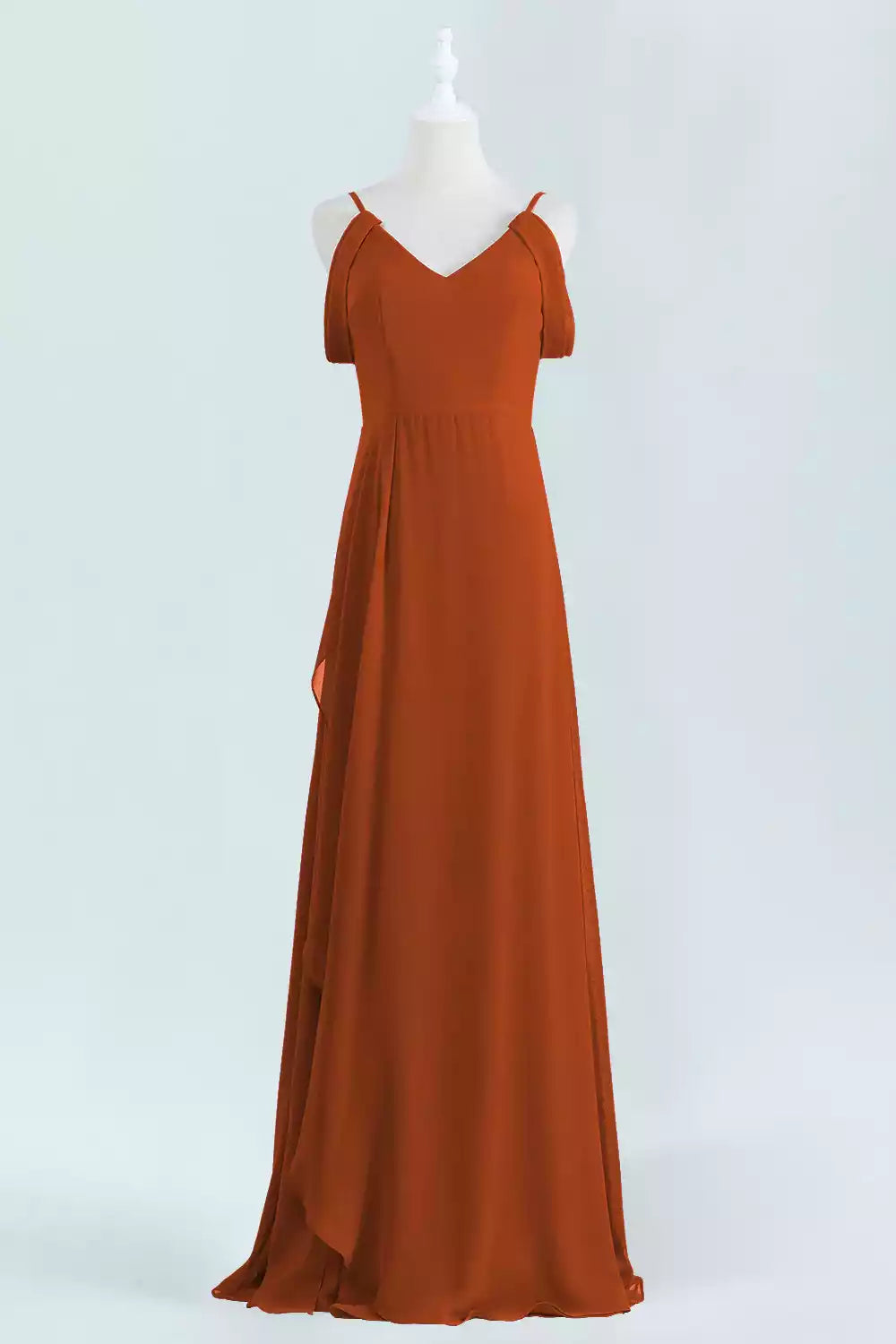 Warm Terracotta Chiffon Gown with Cold-Shoulder Straps & Asymmetrical Hem