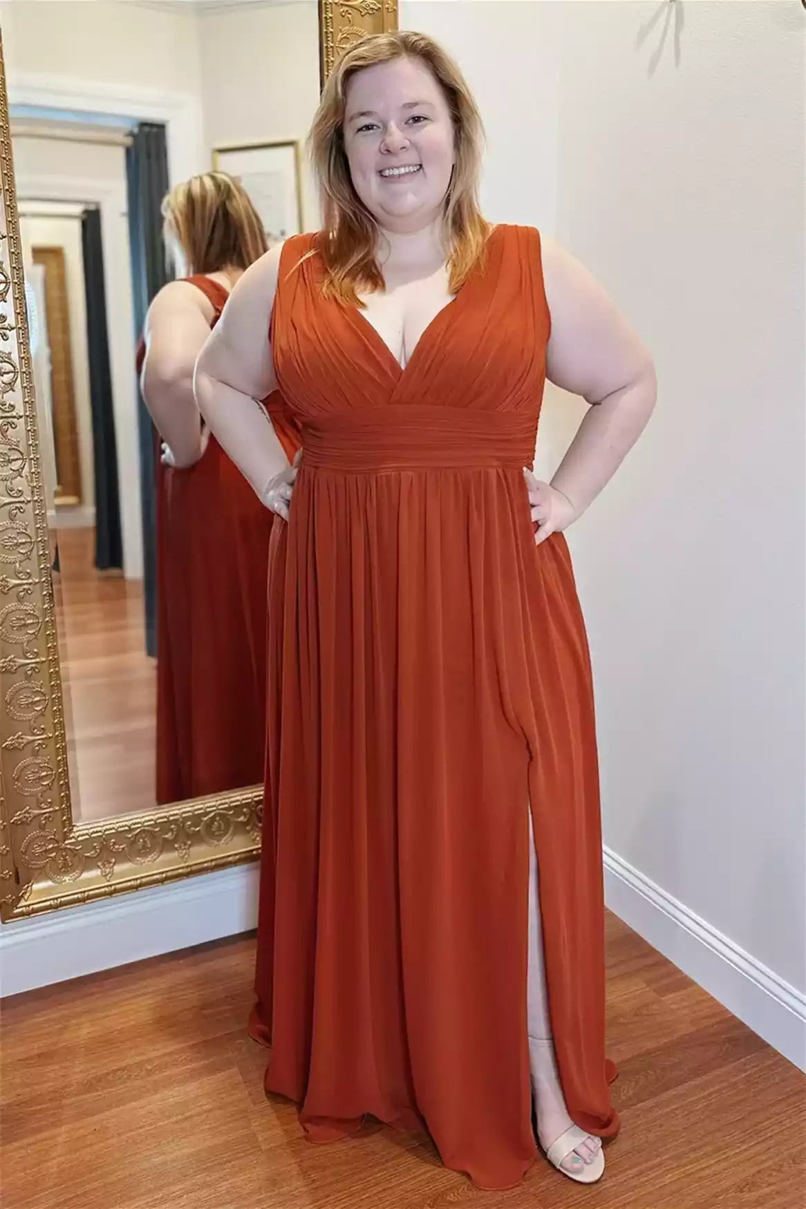 Warm Terracotta Chiffon Gown with Deep V-Neck & Side Slit