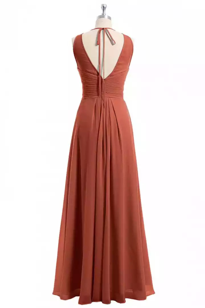 Warm Terracotta Chiffon Gown with Sleeveless Ruched Bodice & Open Halter Back