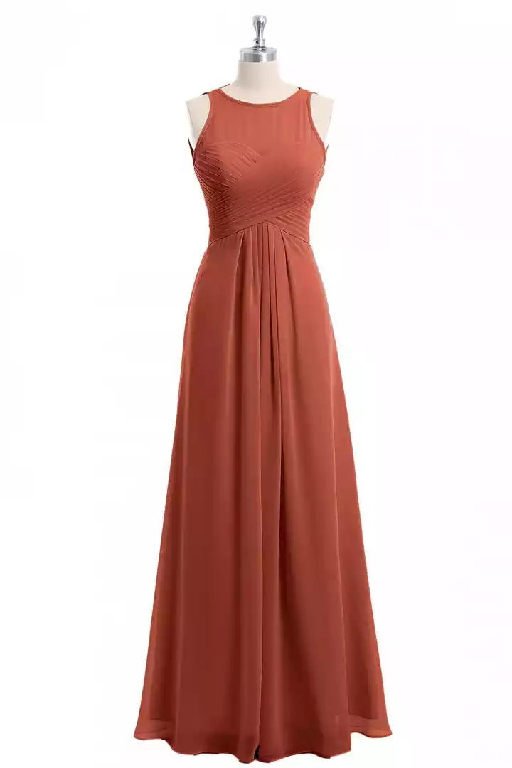Warm Terracotta Chiffon Gown with Sleeveless Ruched Bodice & Open Halter Back