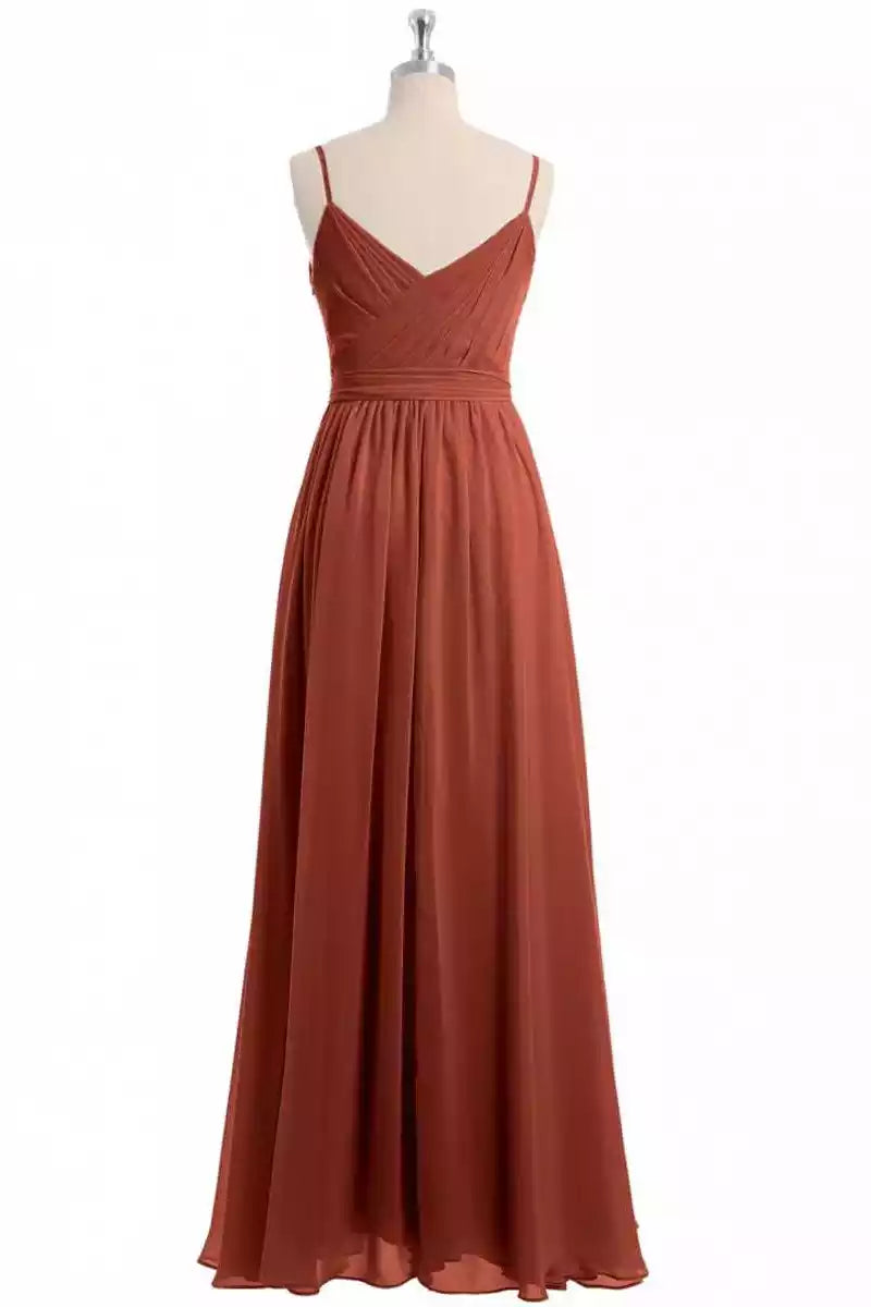 Warm Terracotta Chiffon Gown with Thin Straps & Ruched Bodice