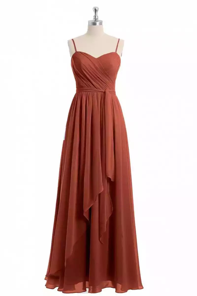 Warm Terracotta Chiffon Gown with Thin Straps & Ruched Bodice