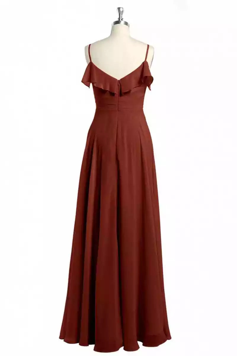 Warm Terracotta Satin Gown with Thin Straps & Ruffled Bodice