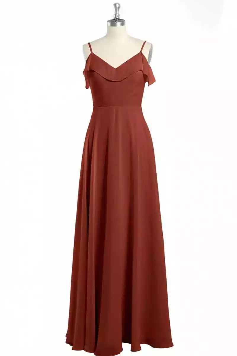 Warm Terracotta Satin Gown with Thin Straps & Ruffled Bodice