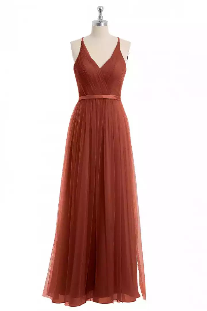 Warm Terracotta Tulle Gown with Halter Back & Ruched Bodice