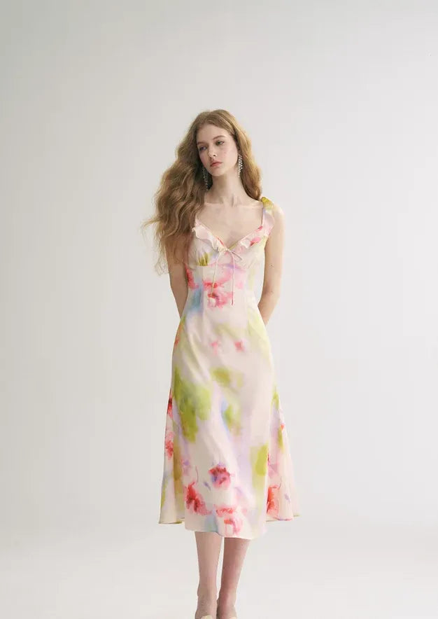 Watercolor Floral Ruffle Strap Midi Dress – Satin Summer Casual Dress