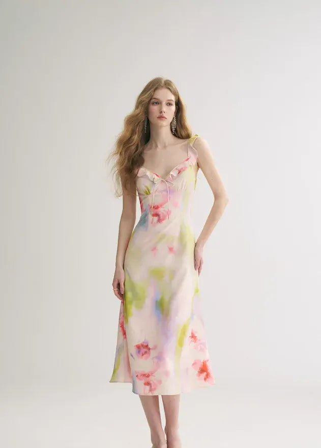 Watercolor Floral Ruffle Strap Midi Dress – Satin Summer Casual Dress