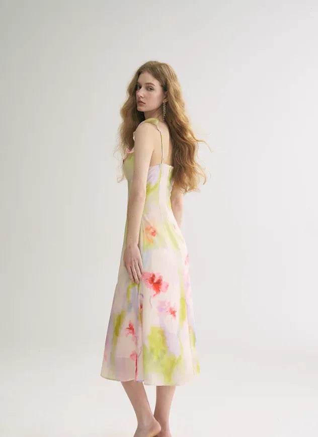Watercolor Floral Ruffle Strap Midi Dress – Satin Summer Casual Dress