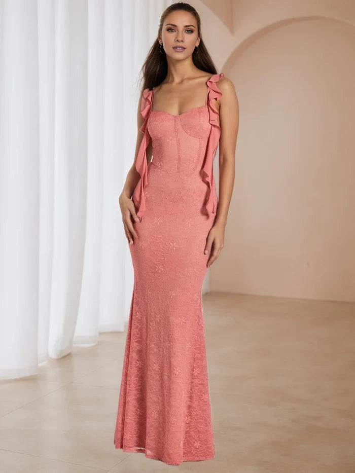 Watermelon Straps Dress Lace Floor Length Prom Dresses