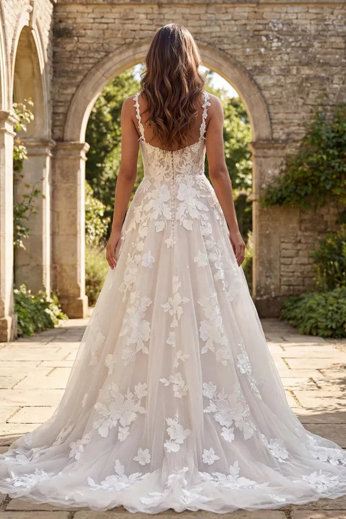 Whimsical A-Line Spaghetti-Strap 3D-Floral-Lace Pearl-Button Back Train Length Wedding Dresses