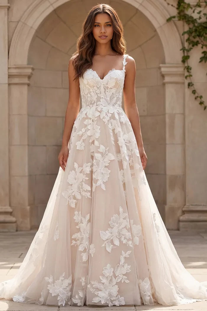 Whimsical A-Line Spaghetti-Strap 3D-Floral-Lace Pearl-Button Back Train Length Wedding Dresses
