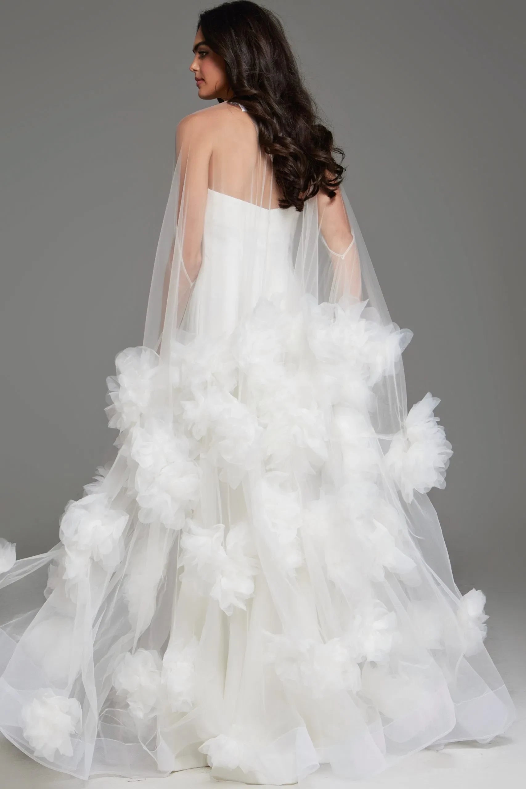 Whimsical A-Line Strapless Tulle Flower-Cape Pearl-Button Back Train Length Wedding Dresses