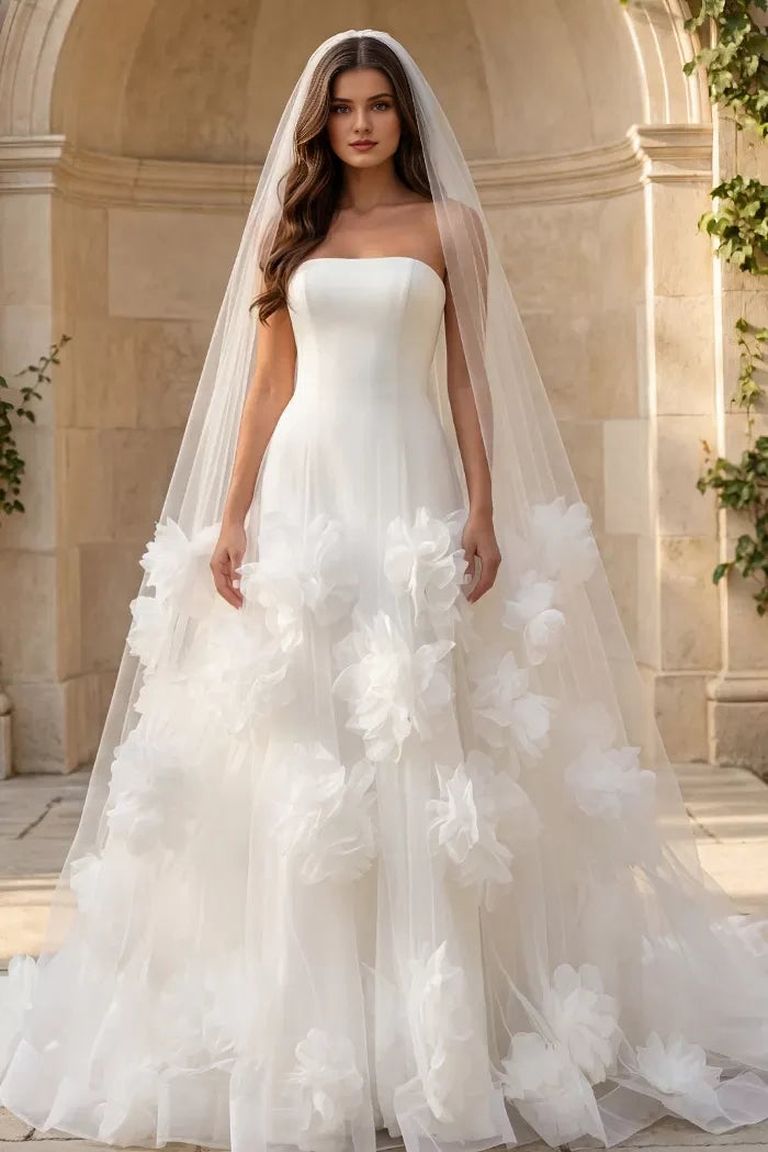 Whimsical A-Line Strapless Tulle Flower-Cape Pearl-Button Back Train Length Wedding Dresses