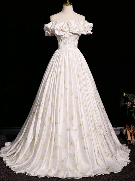 Whimsical Ballgown Off-Shoulder Ruffled-Sleeve Satin Butterfly-Embroidered Lace-Up Back Train Length Evening Dresses