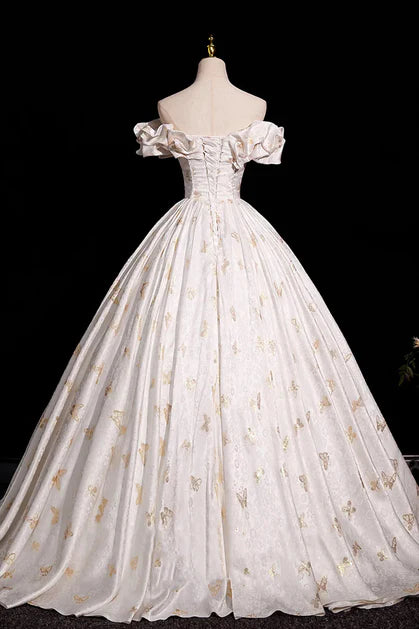 Whimsical Ballgown Off-Shoulder Ruffled-Sleeve Satin Butterfly-Embroidered Lace-Up Back Train Length Evening Dresses