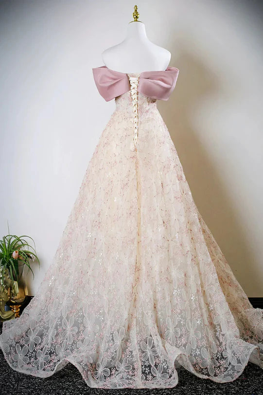 Whimsical Ballgown Off-Shoulder Tulle Floral-Embroidered Bow-Accent Lace-Up Back Train Length Evening Dresses