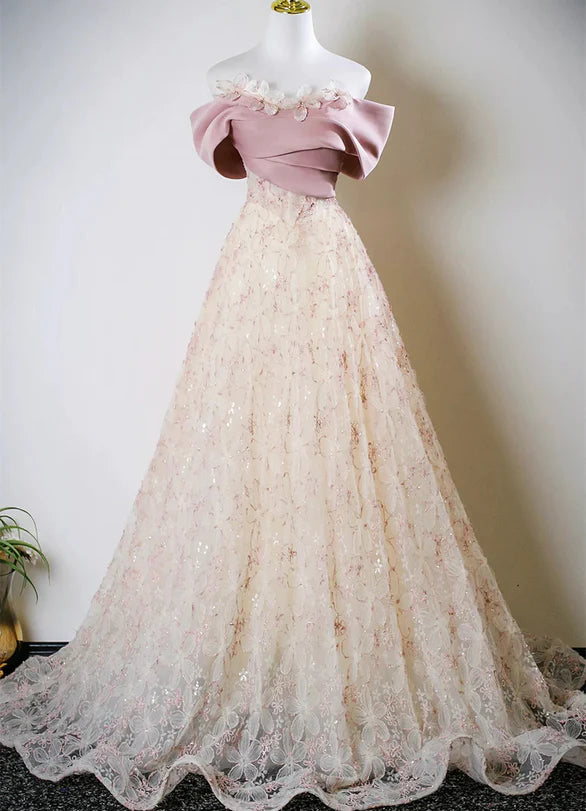 Whimsical Ballgown Off-Shoulder Tulle Floral-Embroidered Bow-Accent Lace-Up Back Train Length Evening Dresses