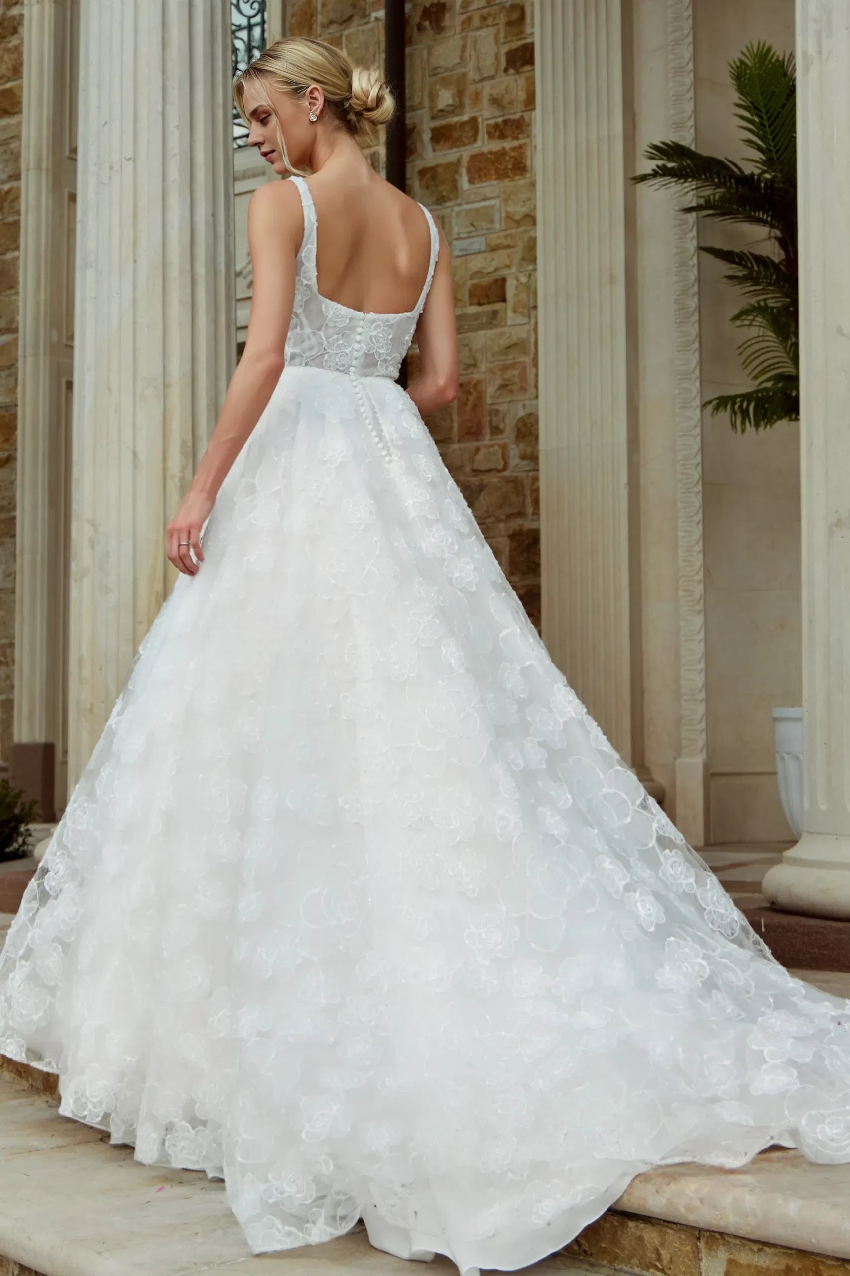Whimsical Ballgown Square-Neck Spaghetti-Strap Pearl-Button Back Floral-Lace Train Length Wedding Dresses