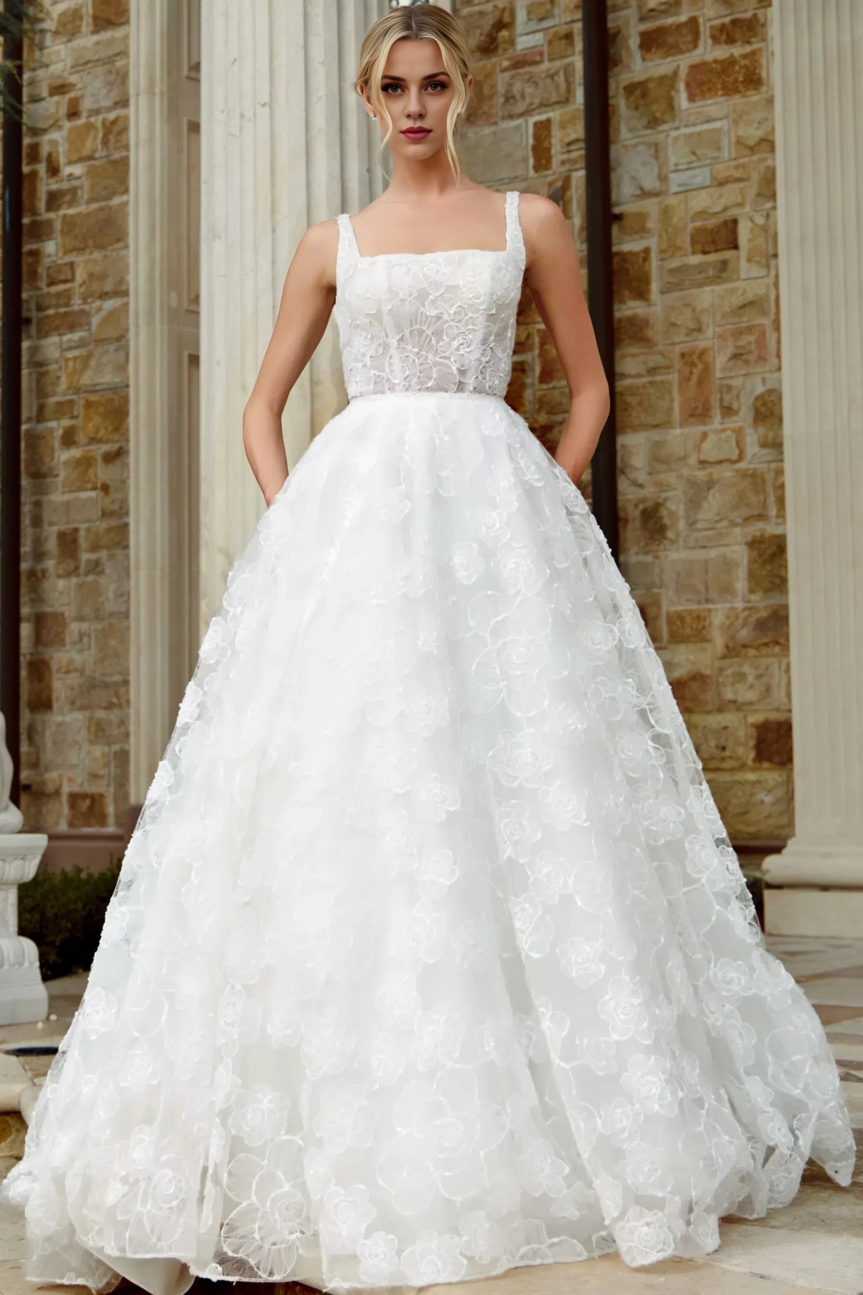 Whimsical Ballgown Square-Neck Spaghetti-Strap Pearl-Button Back Floral-Lace Train Length Wedding Dresses