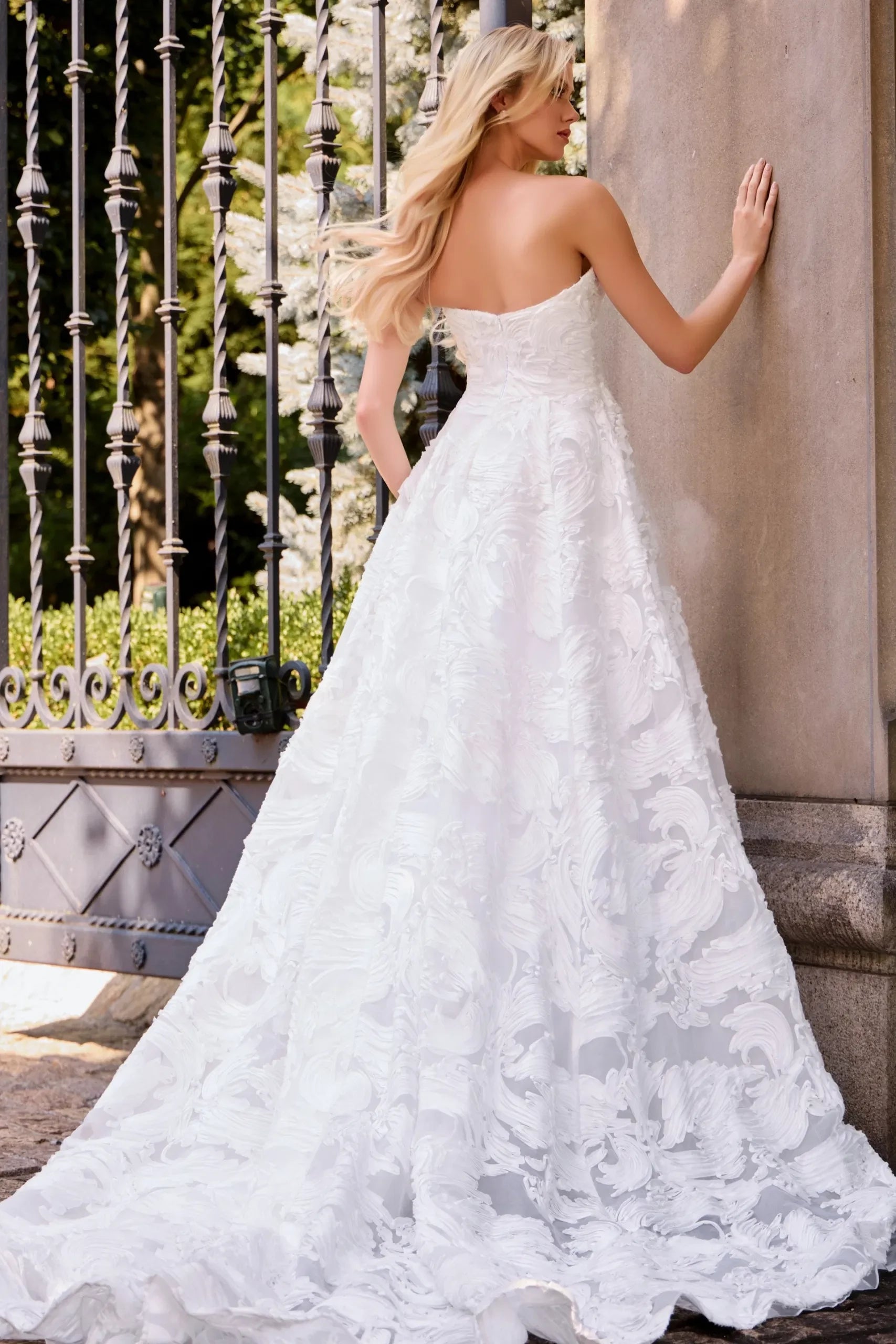 Whimsical Ballgown Strapless 3D-Texture-Skirt Pearl-Button Back Train Length Wedding Dresses
