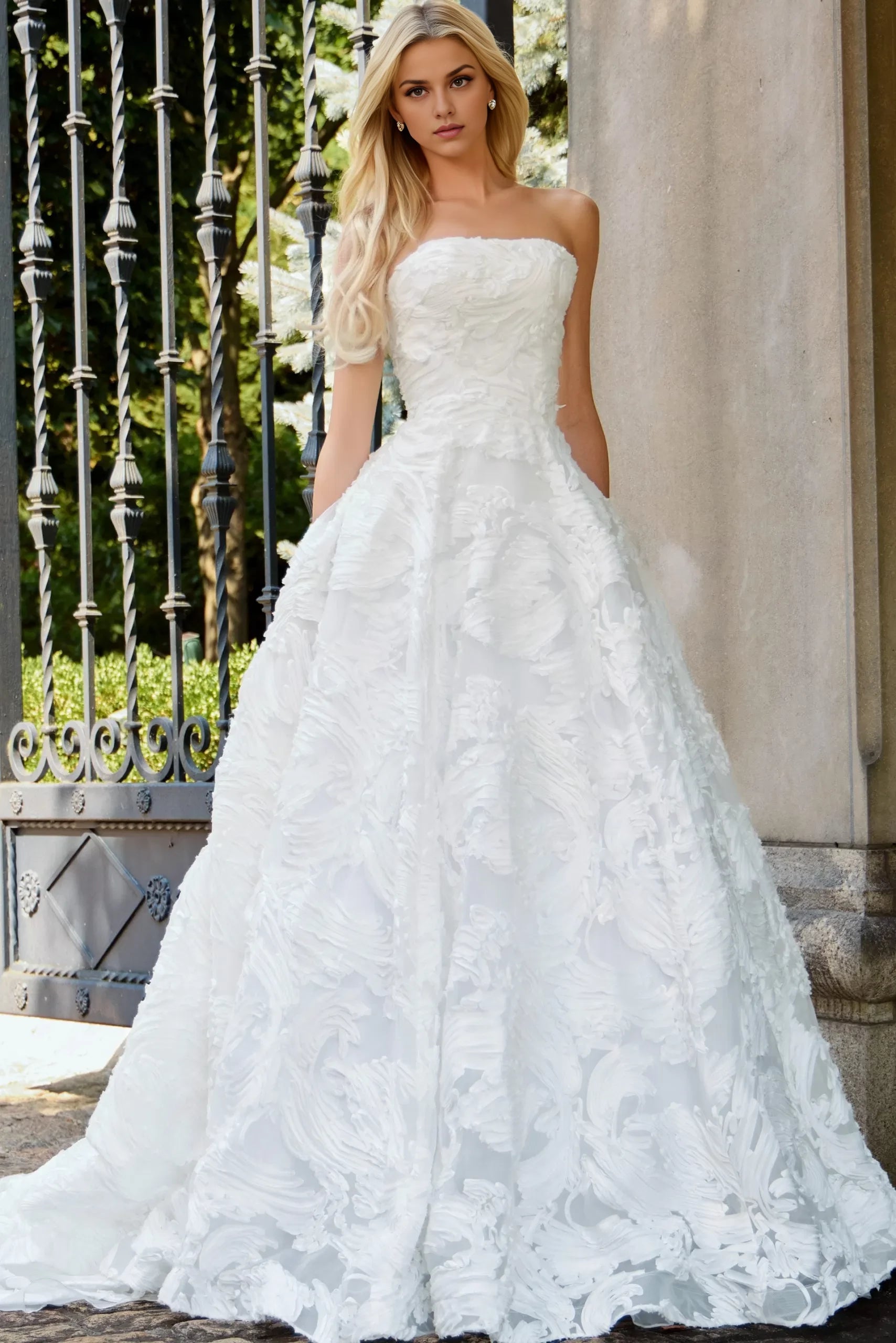 Whimsical Ballgown Strapless 3D-Texture-Skirt Pearl-Button Back Train Length Wedding Dresses